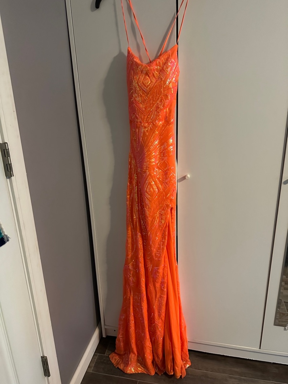 Orange Sequin Slip Dress with Spaghetti Straps